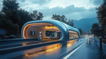 This unique transportation hub features innovative design for electric vehicle charging and hydrogen fueling stations, set against a twilight backdrop. photo