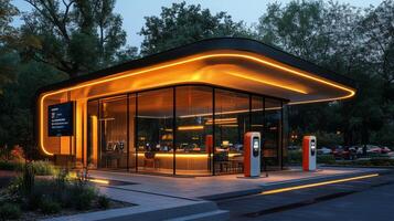 A futuristic EV charging station features sleek architecture with glowing lights, surrounded by lush greenery and providing advanced services for electric vehicles in a vibrant city setting. photo