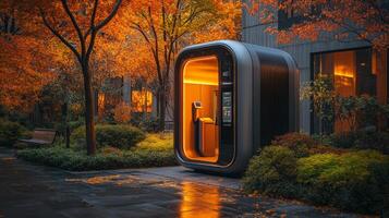A modern electric vehicle charging station stands out in a park surrounded by colorful autumn foliage, emphasizing sustainable mobility and infrastructure designed for the future. photo