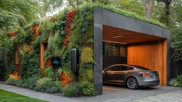 A sleek electric vehicle is parked inside a contemporary garage with a vibrant green wall. The structure showcases a blend of natural elements and modern architecture, emphasizing sustainability. photo
