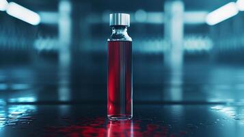 This synthetic blood vial is showcased in a cutting-edge lab, emphasizing innovation. photo