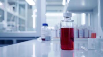 This bottle of synthetic blood is shown in a high-tech lab, highlighting advanced medical tech. photo