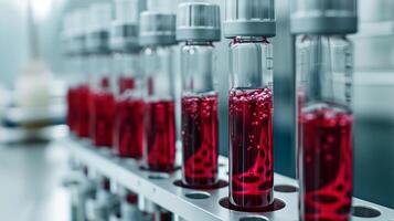 This Test tubes with synthetic blood solutions are neatly arranged in a lab for analysis. photo