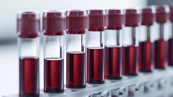 This Rows of vials filled with synthetic blood reflect the future of nanomedicine and fluid transfusion. photo