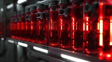 This Red-colored synthetic blood samples are stored in vials within a futuristic medical laboratory. photo