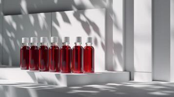 This Rows of synthetic blood vials filled with red fluid sit on a lab shelf, softly illuminated. photo