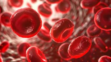 This Red blood cells flow in a biofluid designed for medical transfusions with synthetic elements. photo