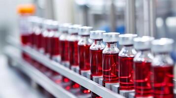This Vials of red synthetic blood are readied for medical use in a high-tech lab. photo
