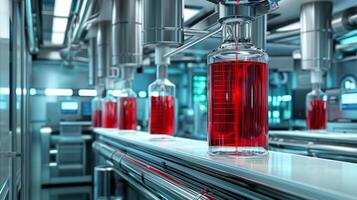 This Red liquid in vials flows on a modern lab line, highlighting advanced blood alternatives. photo