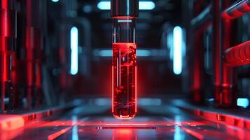 This glowing test tube with synthetic blood is placed in a high-tech laboratory, showcasing innovation. photo