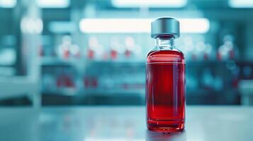 This vial of synthetic blood on a lab table highlights its bright red color and medical potential. photo
