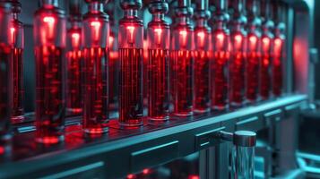 This series of glowing vials containing synthetic blood are displayed in a modern laboratory setting. photo