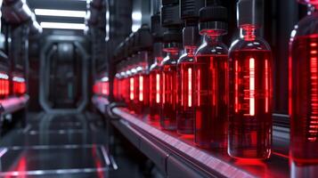 This Bottles of artificial blood glow in red light along a sleek corridor designed for advanced medicine. photo