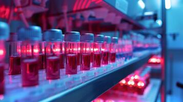 This Rows of vials filled with synthetic blood are illuminated in a futuristic laboratory setting. photo