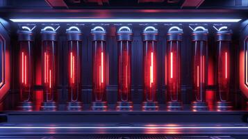 This Advanced synthetic blood is stored in illuminated vials, showcasing future medical technology. photo