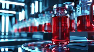 This Red synthetic blood is stored in vials in a high-tech lab focused on medical innovation. photo