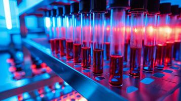 This Test tubes filled with synthetic blood are illuminated under blue and red lights in a lab. photo