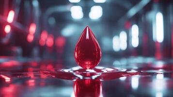 This glowing synthetic blood droplet rests in a high-tech lab under red lights. photo