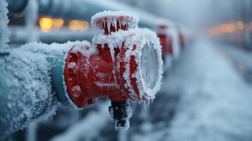 Frost covered industrial valves and pipes demonstrate challenges faced in mining operations during harsh winter conditions, showcasing the impact on infrastructure and energy generation efforts. photo