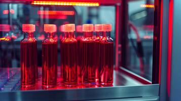 This Synthetic blood stored in glass vials is illuminated by red lights in a modern laboratory setting. photo