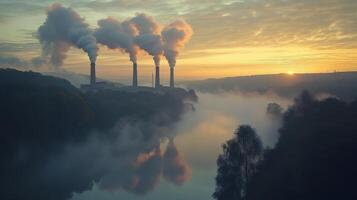 At dawn, power generation occurs as smoke rises from multiple stacks. The landscape features a river shrouded in mist and silhouettes of trees alongside the water. photo