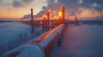 Long pipeline stretches through snowy terrain towards energy infrastructure, illuminated by warm lights while steam rises from power generation facilities at sunset. photo