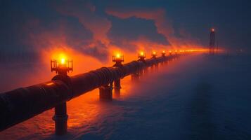 An illuminated industrial pipeline stretches into the distance, showcasing the transportation of energy in a cold region during nighttime, surrounded by fog and atmospheric conditions. photo