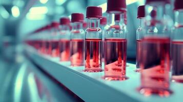 This Vials containing synthetic blood with hemoglobin solutions lined up in a futuristic lab. photo