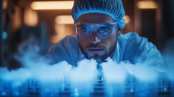 A scientist wearing protective gear examines a series of laboratory vials releasing vapor, conducting research on metallurgy and energy generation through advanced extraction methods. photo