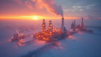 Rustic mining and energy generation complex is illuminated by a stunning sunset. High towers release steam into the cold air as the snowy landscape surrounds the layout of pipelines. photo