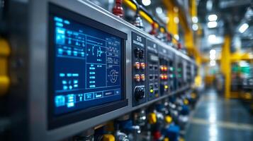 Control panels display data and metrics for monitoring energy generation and mining processes in a sophisticated industrial environment designed for efficiency and productivity. photo