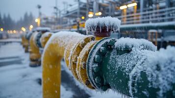 Snow blankets the colorful pipelines and machinery at an energy generation site as cold weather sets in, highlighting the resilience of industrial operations in winter. photo