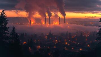 Smoke rises from powerplant stacks as the sun sets, casting a warm glow over the surrounding urban area, revealing a complex interplay of energy production and city life. photo