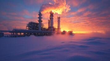 As the sun sets, an energy generation facility stands tall with smoke billowing from its cooling towers surrounded by a blanket of snow, showcasing industrial activity in a cold environment. photo