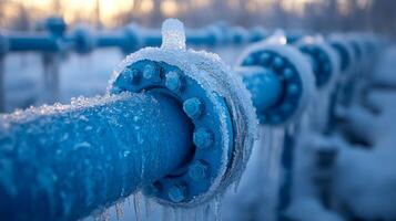 Frozen water covers pipes at an energy generation site, showcasing the challenges of maintaining infrastructure during cold months. photo