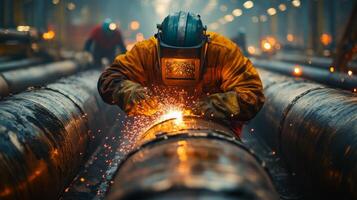 A worker in protective gear welds metal pipes in an industrial setting dedicated to energy generation. Sparks fly as the process intensifies, highlighting the importance of infrastructure. photo