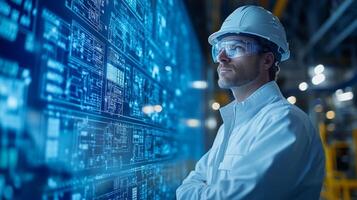 A skilled worker in safety gear analyzes digital blueprints projected on a wall, overseeing the integration of mining operations with energy generation at a facility. photo
