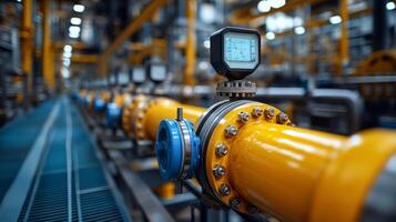 Brightly lit industrial setting featuring a series of yellow pipes and pressure gauges, highlighting the intricate design used in energy generation and extraction operations. photo