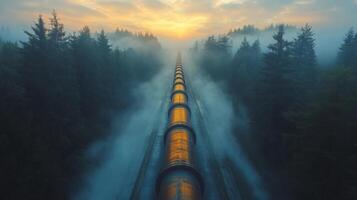 A large pipeline runs through a dense, mist covered forest as the sun rises. This infrastructure is vital for the extraction and transportation of resources for energy generation. photo