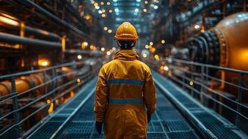A worker in a yellow safety suit and helmet observes the expansive infrastructure of a powerplant engaged in energy generation, mining, and excavation operations at dusk. photo