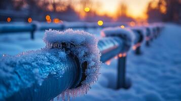 Pipes glisten with frost as the sun sets, illuminating the infrastructure of an energy generation facility. Snow blankets the ground, creating a serene winter atmosphere. photo