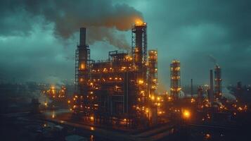 Heavy machinery and towering structures are illuminated as the industrial facility engages in mining and excavation activities, producing energy against a stormy backdrop. photo