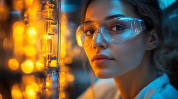 A skilled technician conducts important tasks related to energy generation while surrounded by glowing tools and equipment within a power generation site during twilight. photo