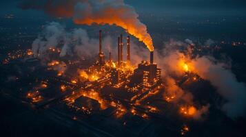 Bright flames and thick smoke rise from a powerplant engaged in extensive mining, excavation, and energy generation activities. The glow illuminates the surrounding infrastructure. photo