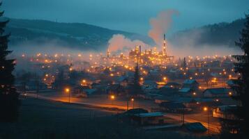 A mining facility operates during a foggy evening, emitting steam and light while powering the surrounding area with illuminated buildings and infrastructure. photo