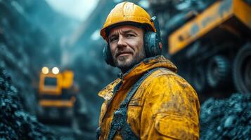 Heavy mining machinery operates in the background as a worker in yellow gear with ear protection monitors the coal excavation process at a rugged site, showcasing a busy energy infrastructure. photo
