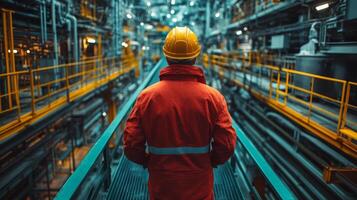 A worker in safety gear stands in a high tech mining facility, observing the intricate machinery involved in energy generation and extraction processes. photo