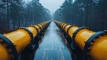 Yellow pipelines stretch through a dense forest in the early morning mist, facilitating the transport of resources essential for energy generation and infrastructure development. photo