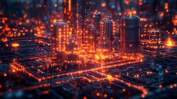 Complex network of mining and extraction facilities illuminated by artificial lights, showcasing energy generation systems and infrastructure in a dynamic urban environment. photo