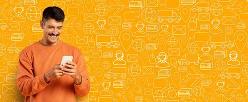 A smiling individual interacts with a smartphone, enjoying the online shopping process. The vibrant background features various delivery and commerce icons, enhancing the digital shopping theme. photo